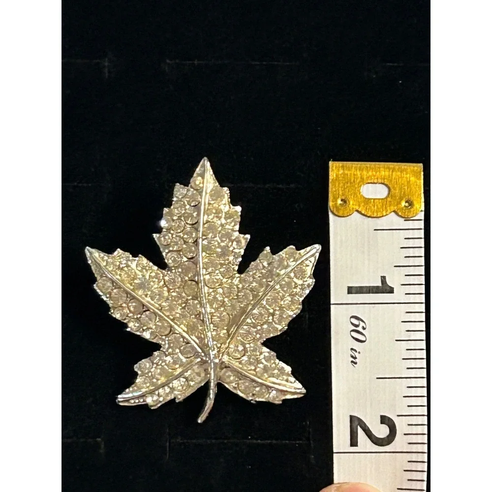 Vintage Coro Rhinestone Maple Leaf Brooch Silver Tone Fall Pin
